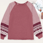 Flossy Red Contrast Print Striped Raglan Long Sleeve Loose Top
