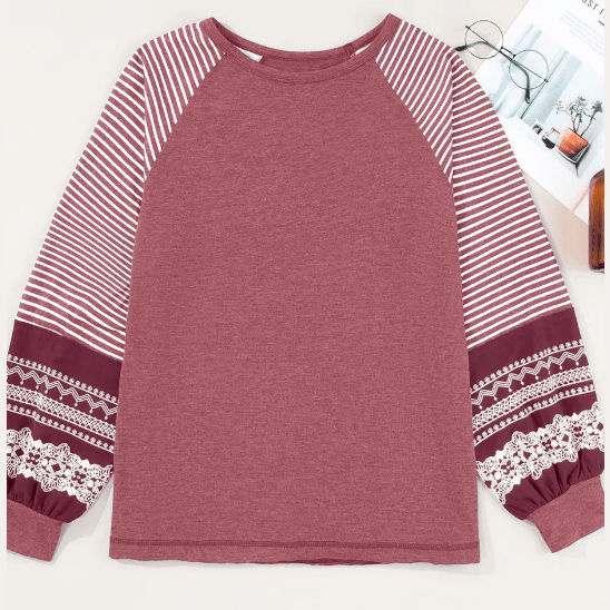Flossy Red Contrast Print Striped Raglan Long Sleeve Loose Top