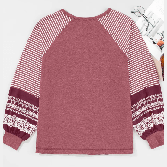 Flossy Red Contrast Print Striped Raglan Long Sleeve Loose Top