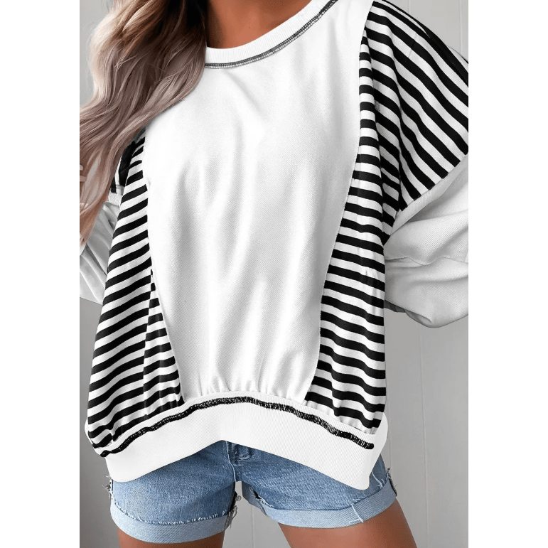 Mabry Black Stripe Colorblock Patchwork Contrast Stitching Oversize Sweatshirt