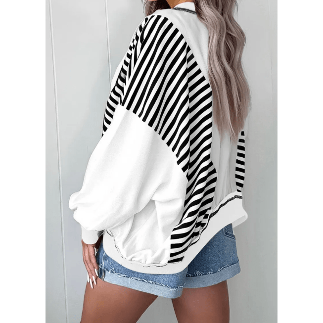 Mabry Black Stripe Colorblock Patchwork Contrast Stitching Oversize Sweatshirt