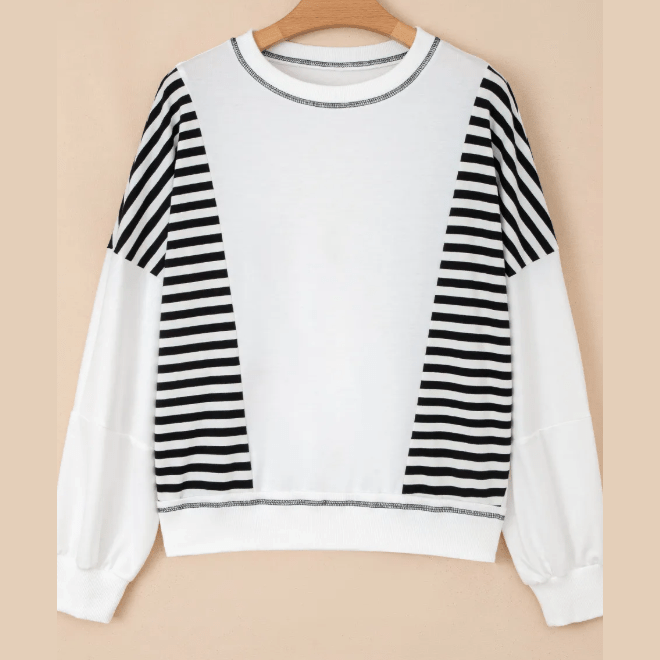 Mabry Black Stripe Colorblock Patchwork Contrast Stitching Oversize Sweatshirt