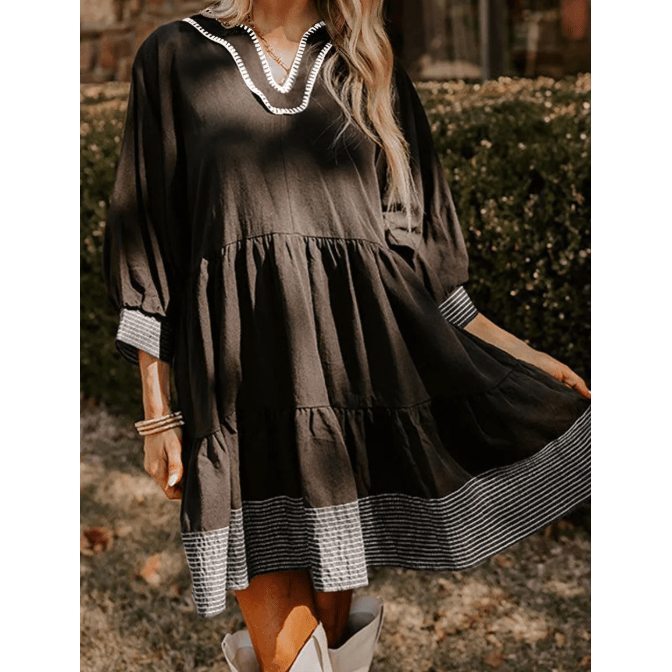 Kesha Black Contrast Stitched V Neck 3/4 Sleeve Tiered Mini Dress