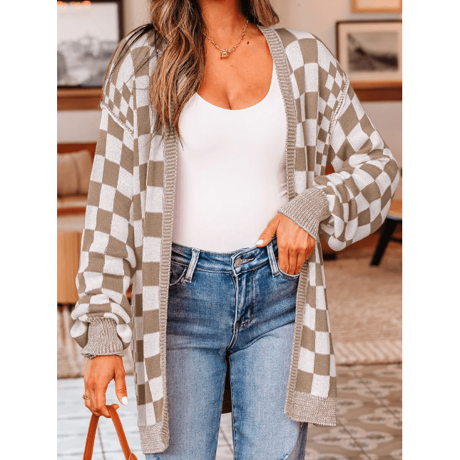 Cammie Brown Checkered Open Front Drop Shoulder Cardigan