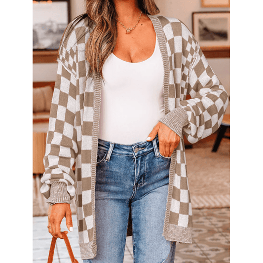 Cammie Brown Checkered Open Front Drop Shoulder Cardigan