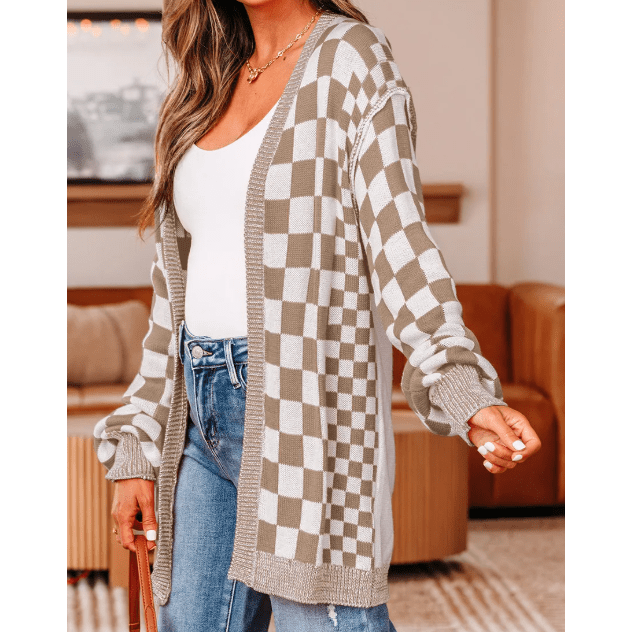 Cammie Brown Checkered Open Front Drop Shoulder Cardigan