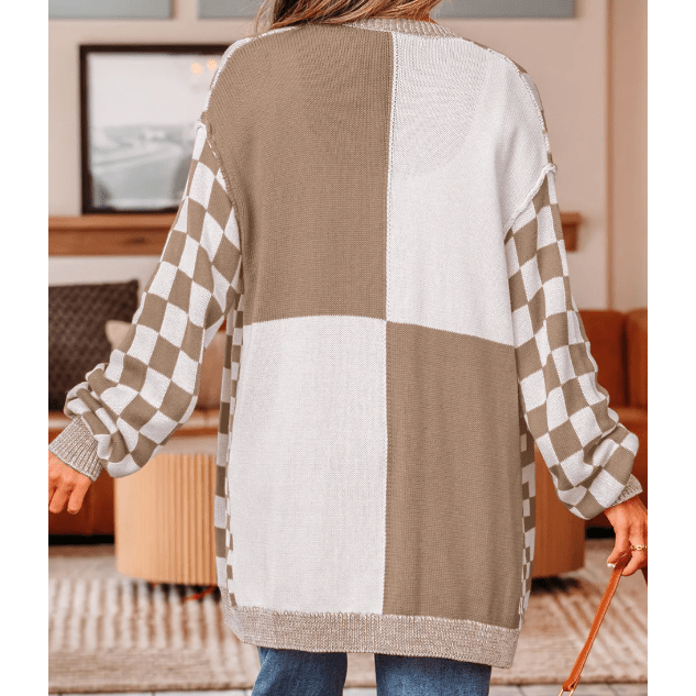 Cammie Brown Checkered Open Front Drop Shoulder Cardigan
