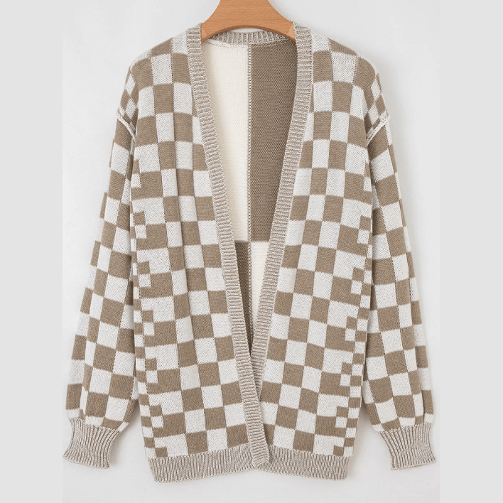 Cammie Brown Checkered Open Front Drop Shoulder Cardigan