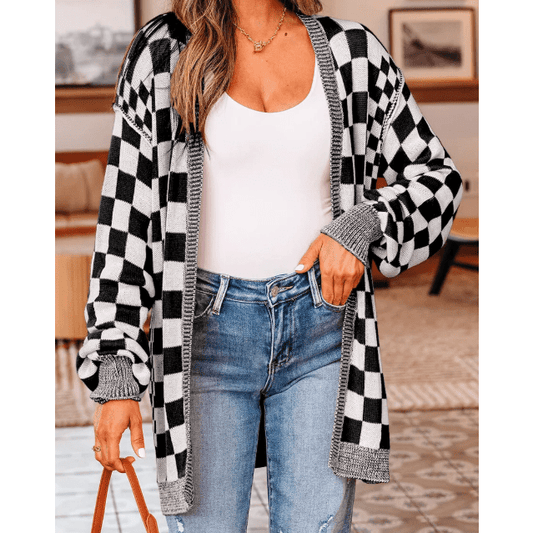 Cammie Black Checkered Open Front Drop Shoulder Cardigan