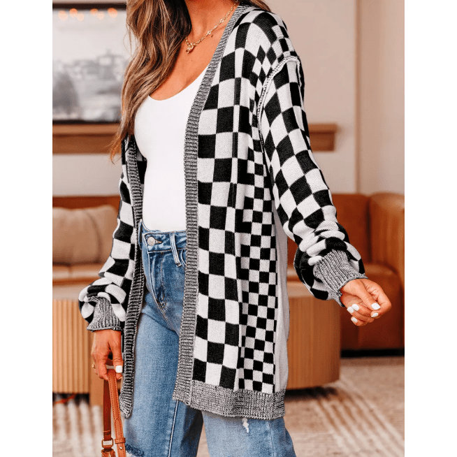 Cammie Black Checkered Open Front Drop Shoulder Cardigan