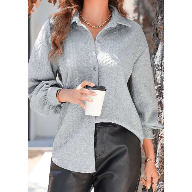 Maddox Grey Cable Texture Puff Sleeve Loose Shacket