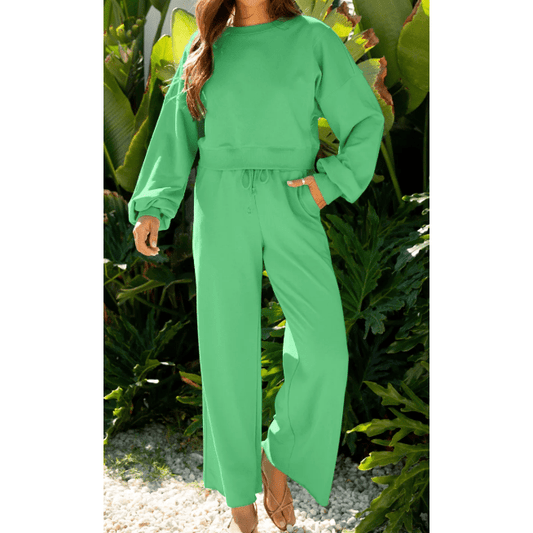 Cherie Bright Green Drop Shoulder Puff Sleeve Crop Pullover Drawstring Wide Leg Pants Set