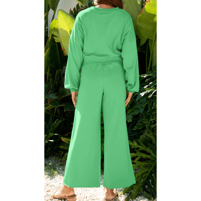 Cherie Bright Green Drop Shoulder Puff Sleeve Crop Pullover Drawstring Wide Leg Pants Set
