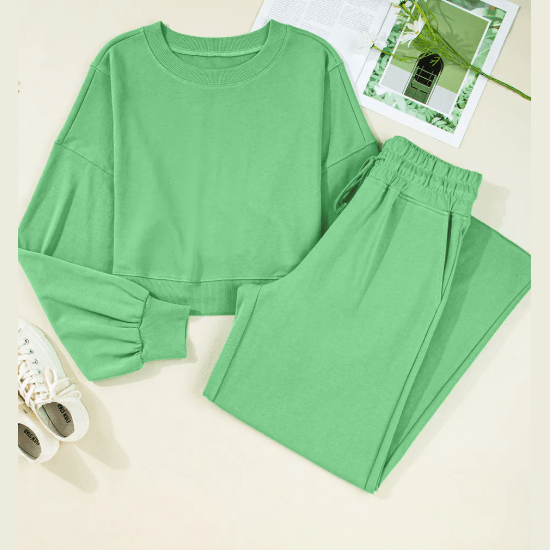 Cherie Bright Green Drop Shoulder Puff Sleeve Crop Pullover Drawstring Wide Leg Pants Set