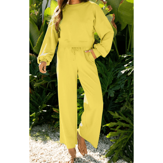 Cherie Yellow Cream Drop Shoulder Puff Sleeve Crop Pullover Drawstring Wide Leg Pants Set