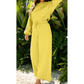 Cherie Yellow Cream Drop Shoulder Puff Sleeve Crop Pullover Drawstring Wide Leg Pants Set