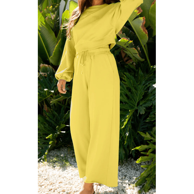 Cherie Yellow Cream Drop Shoulder Puff Sleeve Crop Pullover Drawstring Wide Leg Pants Set