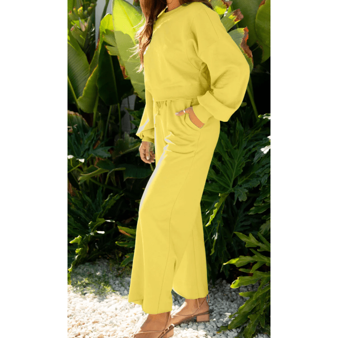 Cherie Yellow Cream Drop Shoulder Puff Sleeve Crop Pullover Drawstring Wide Leg Pants Set