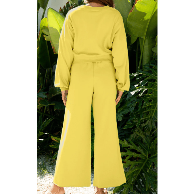 Cherie Yellow Cream Drop Shoulder Puff Sleeve Crop Pullover Drawstring Wide Leg Pants Set