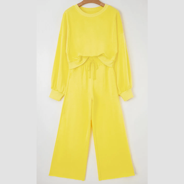 Cherie Yellow Cream Drop Shoulder Puff Sleeve Crop Pullover Drawstring Wide Leg Pants Set