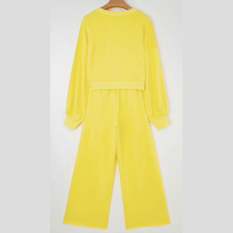 Cherie Yellow Cream Drop Shoulder Puff Sleeve Crop Pullover Drawstring Wide Leg Pants Set