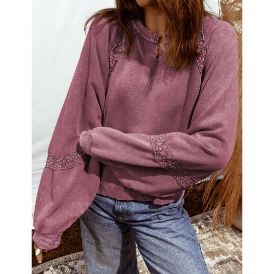 Lilian Red Dahlia Lace Patchwork Detail Notched Neck Mineral Wash Baggy Sweatshirt