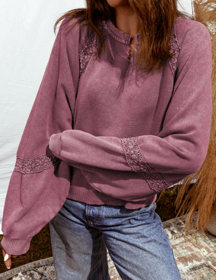 Lilian Red Dahlia Lace Patchwork Detail Notched Neck Mineral Wash Baggy Sweatshirt