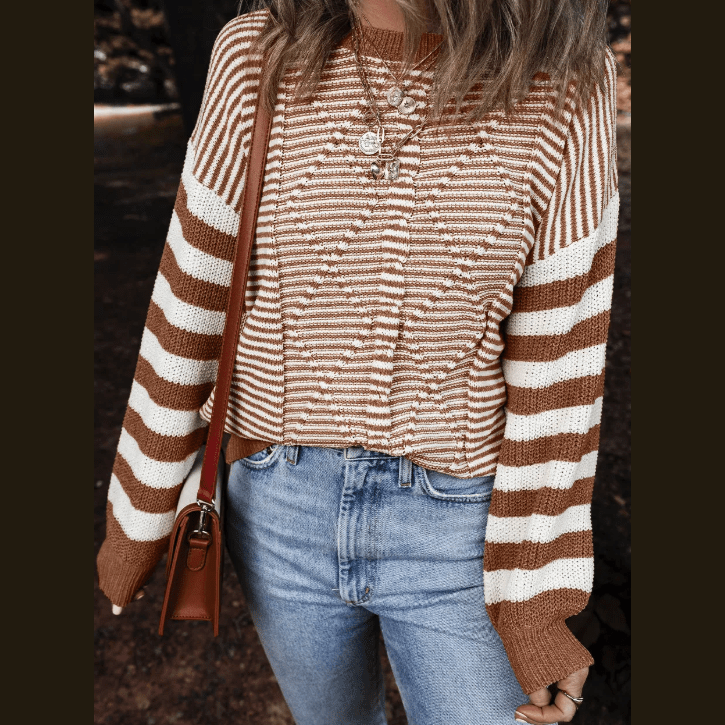 Laverna Brown Stripe Geometric Textured Drop Shoulder Sweater