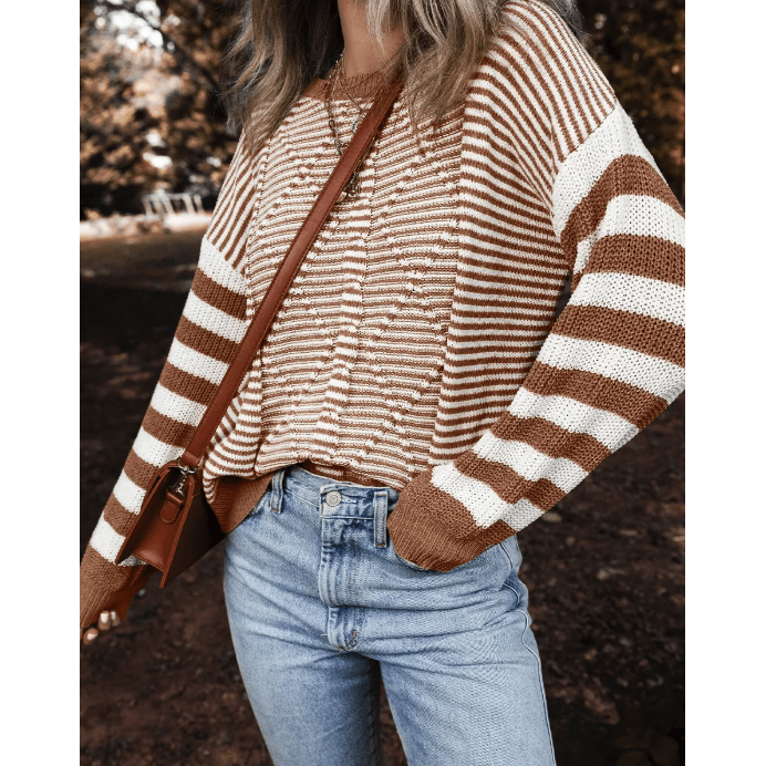 Laverna Brown Stripe Geometric Textured Drop Shoulder Sweater
