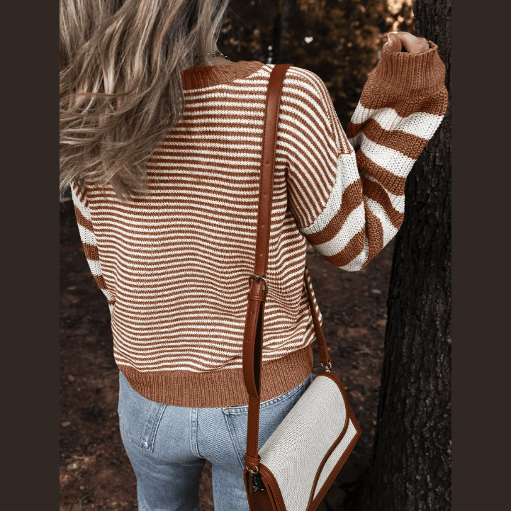 Laverna Brown Stripe Geometric Textured Drop Shoulder Sweater