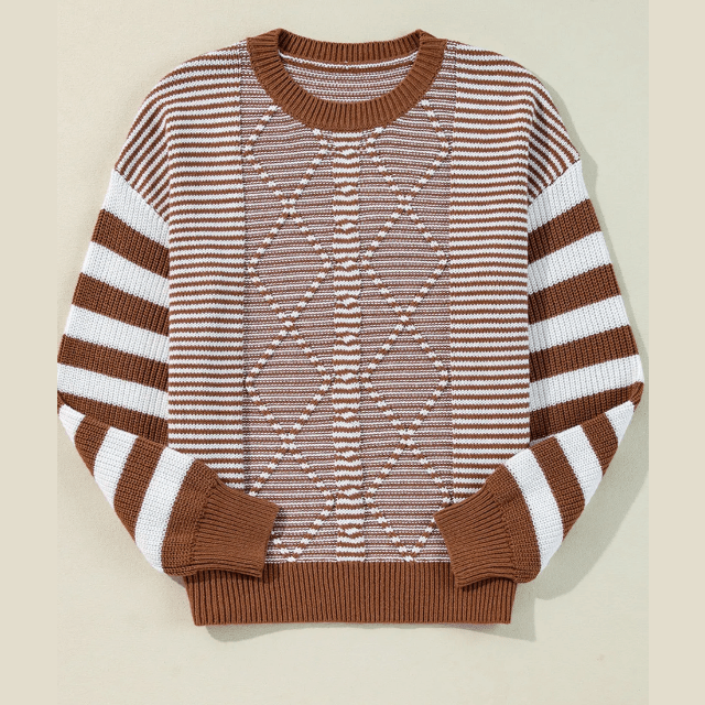 Laverna Brown Stripe Geometric Textured Drop Shoulder Sweater