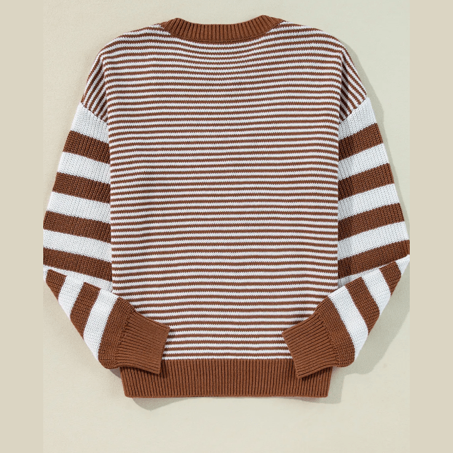 Laverna Brown Stripe Geometric Textured Drop Shoulder Sweater