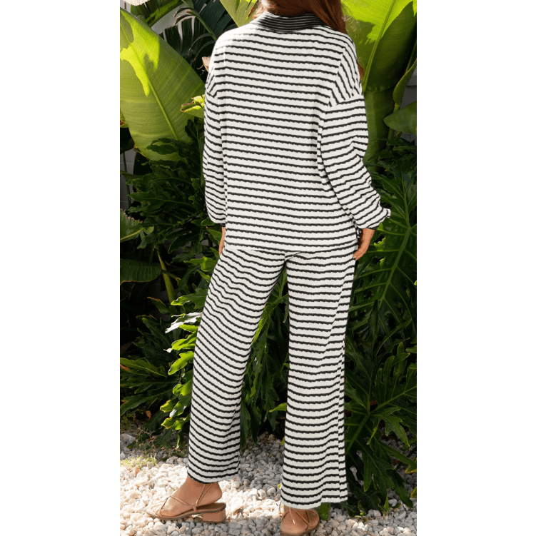 Frances Black Stripe Collared Pullover Top and Drawstring Pant Set
