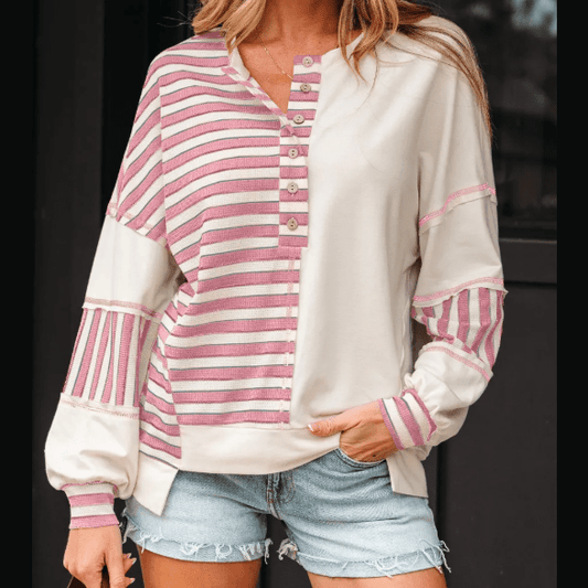 Cheyenne Pink Stripe Stitched Detail Color Block Patchwork Oversized Pullover Top