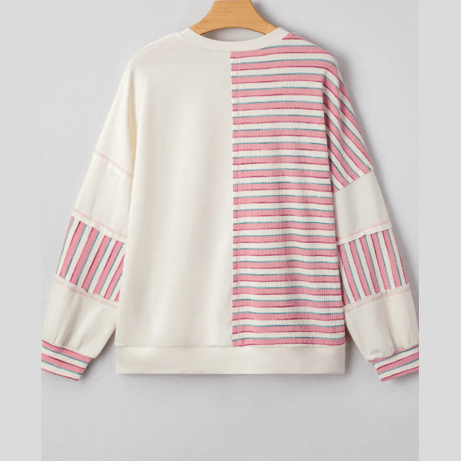Cheyenne Pink Stripe Stitched Detail Color Block Patchwork Oversized Pullover Top