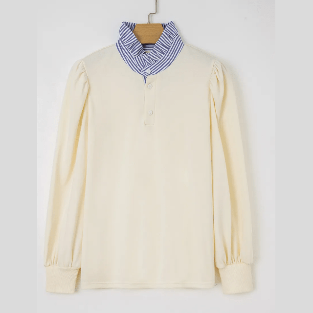 Olga White Button Striped Collar Patchwork Puff Sleeve Sweatshirt