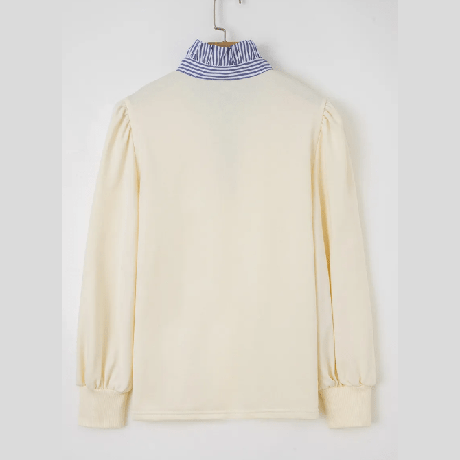 Olga White Button Striped Collar Patchwork Puff Sleeve Sweatshirt