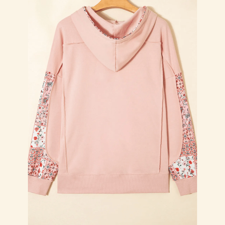 Loryn Blush Mix Floral Patchwork Side Slit Drawstring Hoodie