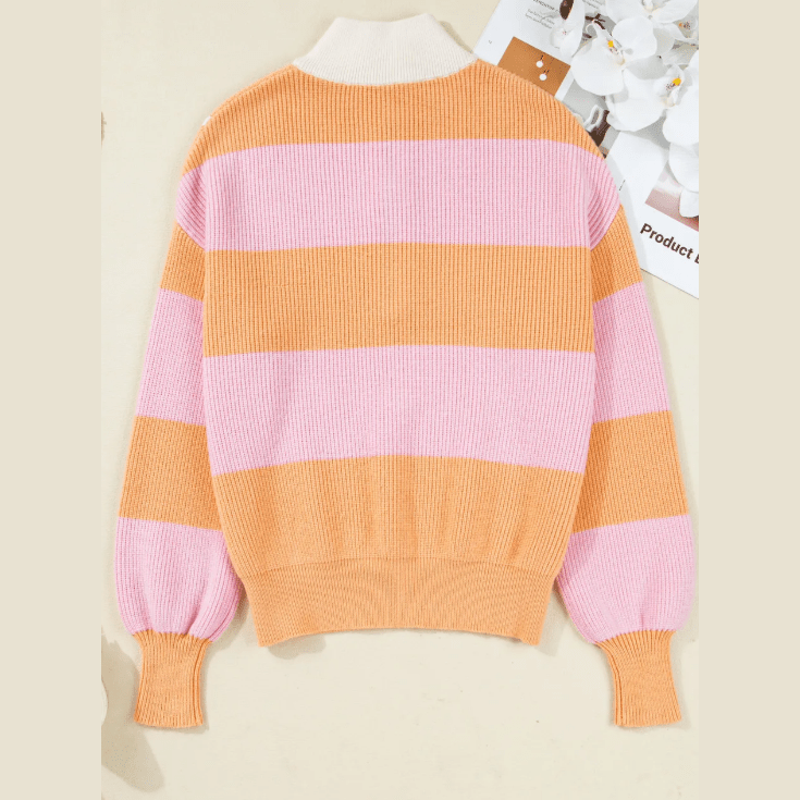 Winslee Orange Stripe Colorblock Half Zip Oversize Sweater
