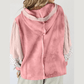 Jorda Pink Floral Patched Waffle Textured Colorblock V Neck Casual Hooded Top
