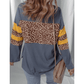 Loice Blue Leopard Colorblock Patchwork Long Sleeve Drop Shoulder Top