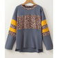 Loice Blue Leopard Colorblock Patchwork Long Sleeve Drop Shoulder Top