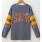 Loice Blue Leopard Colorblock Patchwork Long Sleeve Drop Shoulder Top