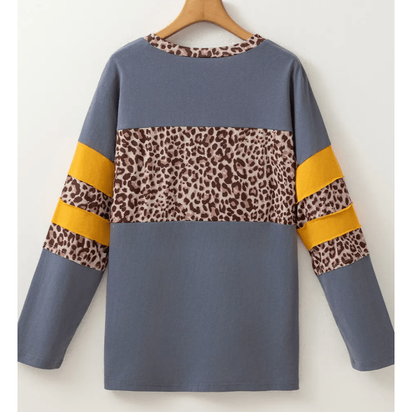 Loice Blue Leopard Colorblock Patchwork Long Sleeve Drop Shoulder Top