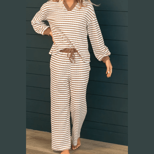 Frances Khaki Stripe Collared Pullover Top and Drawstring Pant Set
