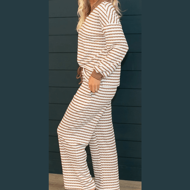 Frances Khaki Stripe Collared Pullover Top and Drawstring Pant Set