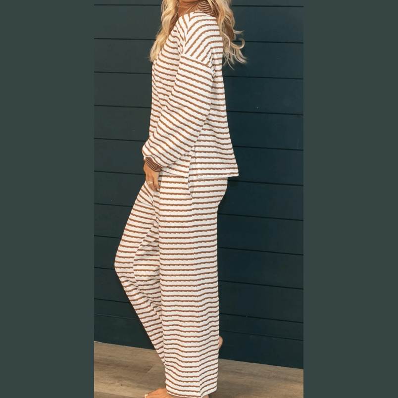 Frances Khaki Stripe Collared Pullover Top and Drawstring Pant Set