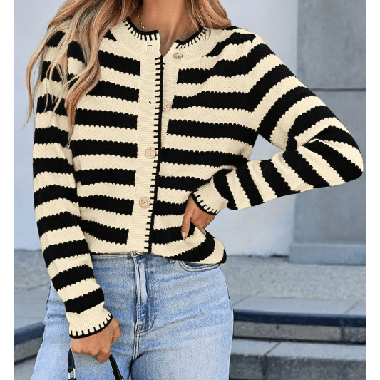 Kassidy Apricot/Black Stripe Chic Golden Button Cardigan Sweater