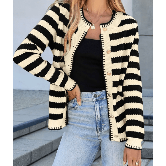 Kassidy Apricot/Black Stripe Chic Golden Button Cardigan Sweater