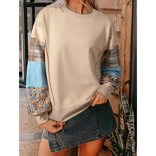 Delinda Khaki Plaid Colorblock Patchwork Sleeve Raw Seam Sweatshirt